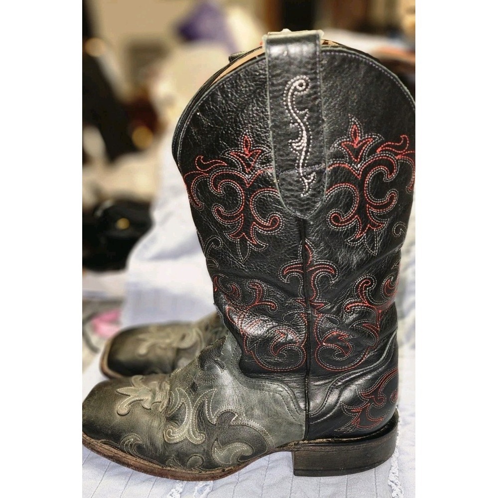 JB Dillon Reserve Cowboy Boots Men Size 9.5 D Inlay Scrolling Rare Black red Vtg